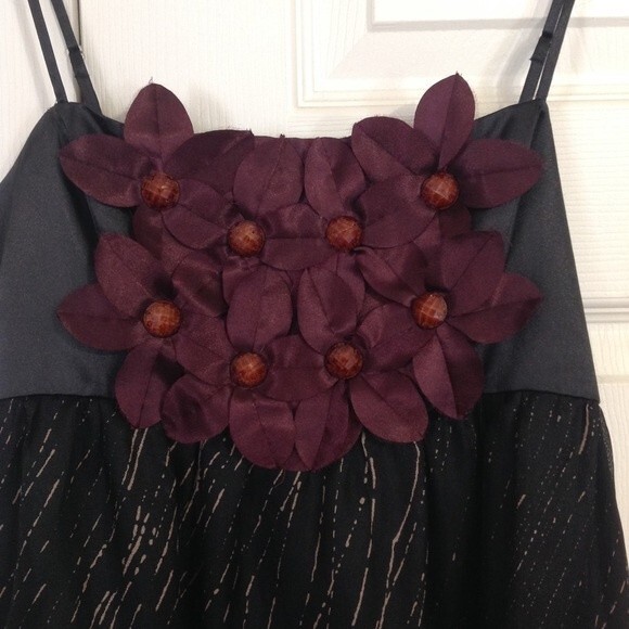 BURLAPP Size 4 Black Gold Maroon Silk Mini Dress Sleeveless Lined Floral Stretch - Picture 3 of 10